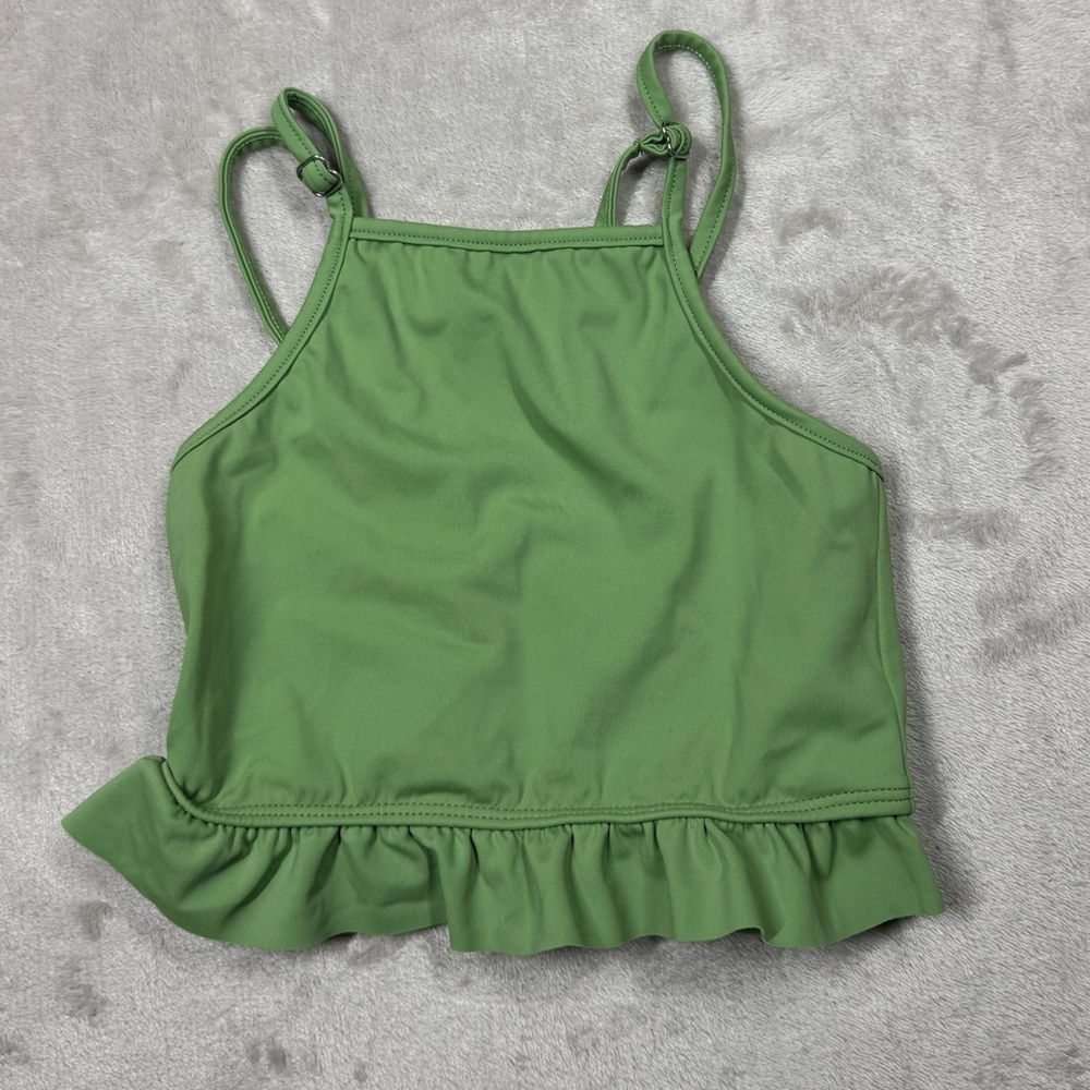 Kortni Jeane Green Adjustable Straps Ruffle Hem Square Neck Bathing Suit Top 2/3